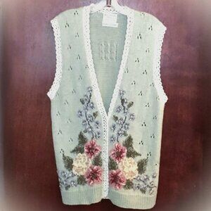 Marissa Christina Vintage Hand Knit Vest w/ Lace Trim and Embroidered Flowers